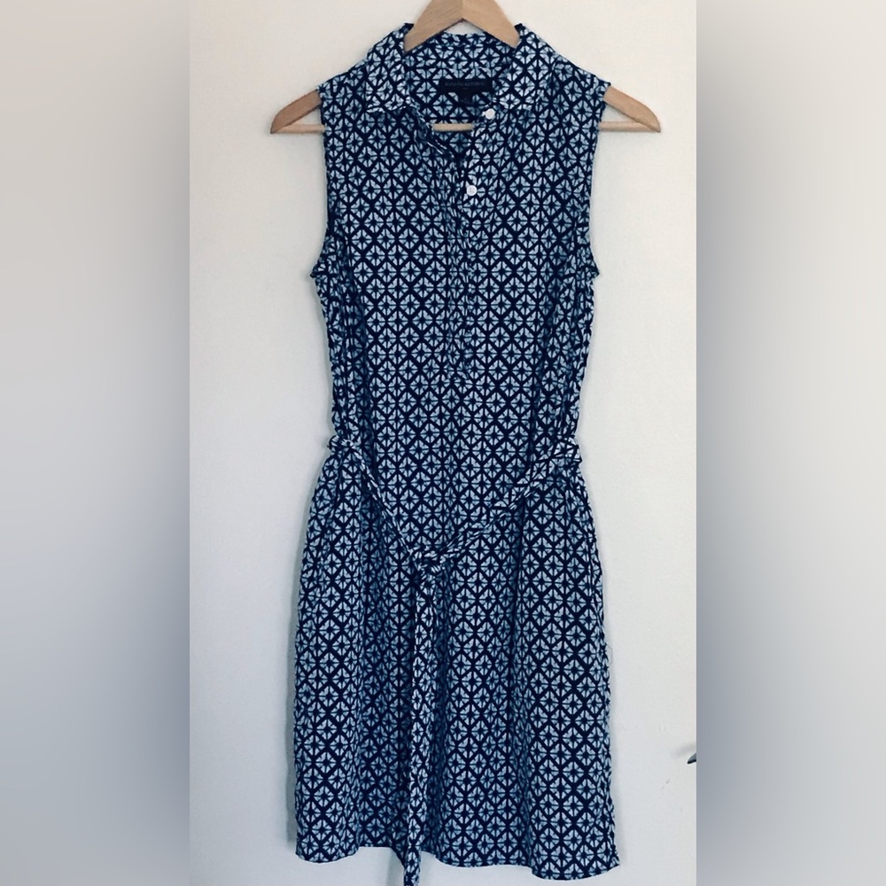Sleeveless Navy Geometric Tie-Waist Dress